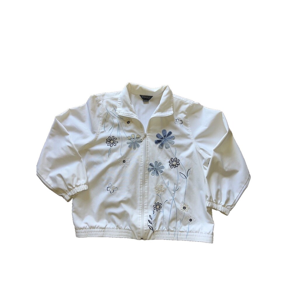 Koret Petite White Women's Sz L Embroidered Floral Jacket Cotton Blend Prairie